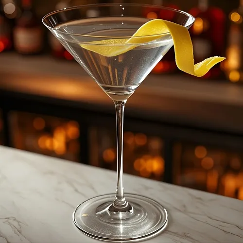 马天尼杯中的复古湿马天尼鸡尾酒(Wet Martini)，以柠檬作为装饰。